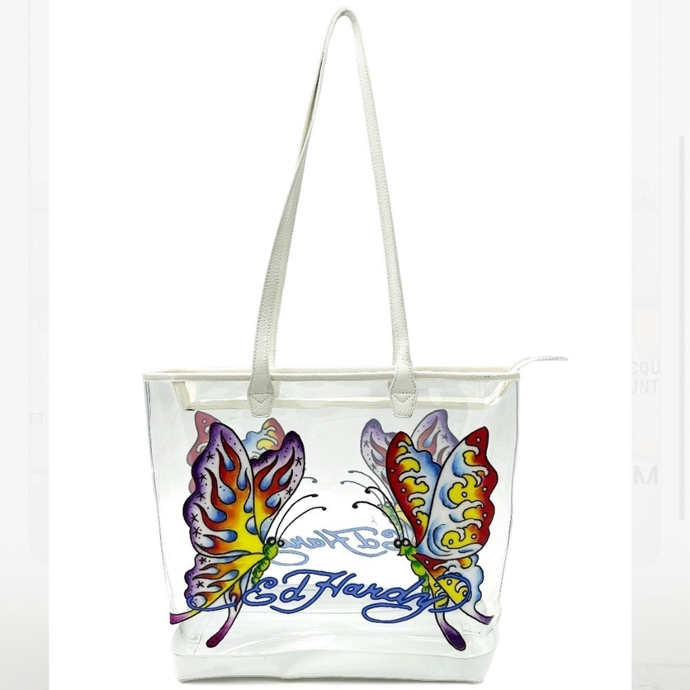 NWT Clear Ed Hardy PVC Tote Bag with Purple Butterfly Graphic